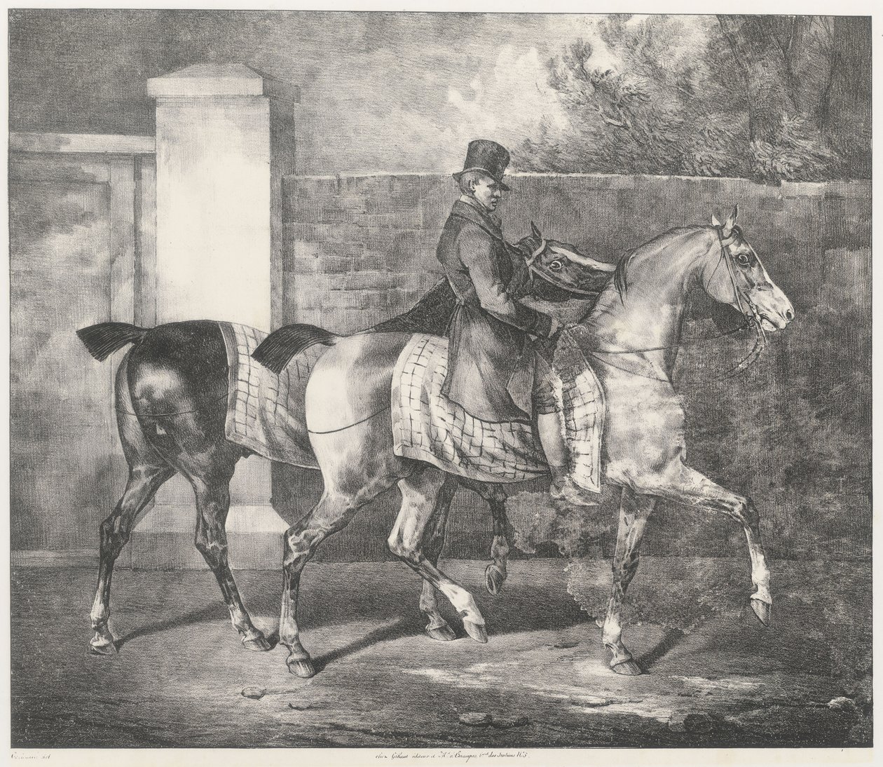 Deux chevaux promenés par un jockey (A Groom Exercising Two Horses) - Theodore Gericault