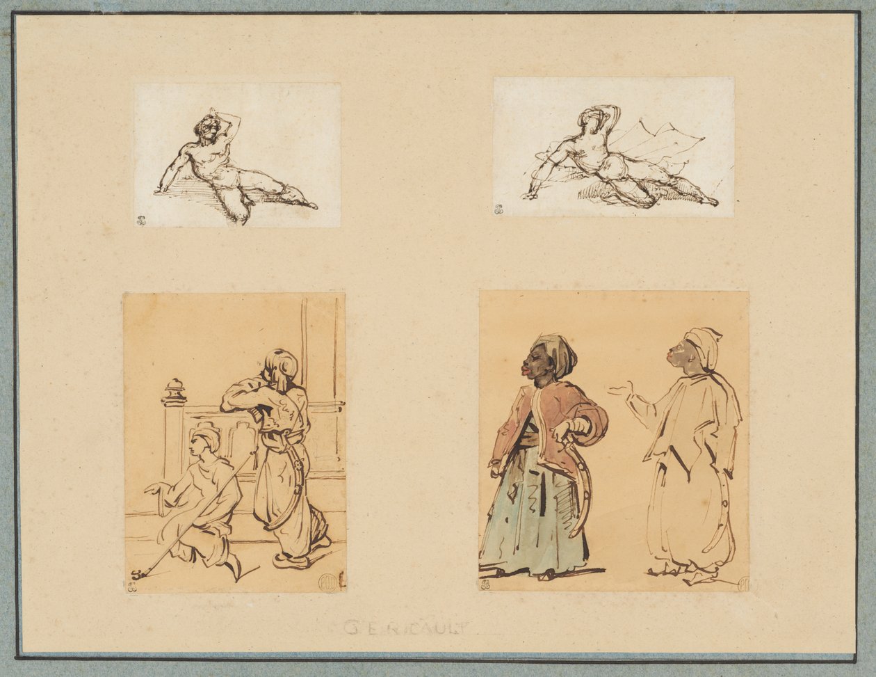 Quatre dessins : deux nus masculins allongés et deux études de personnages ottomans - Theodore Gericault