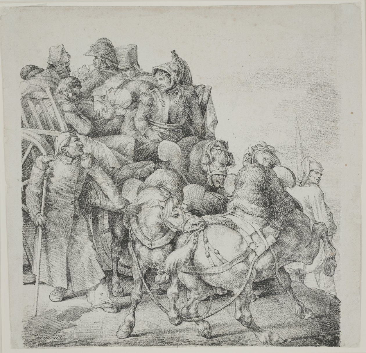 Chariot Tiré par des Chevaux Plein de Soldats Blessés, lithographie par C. Motte - Theodore Gericault