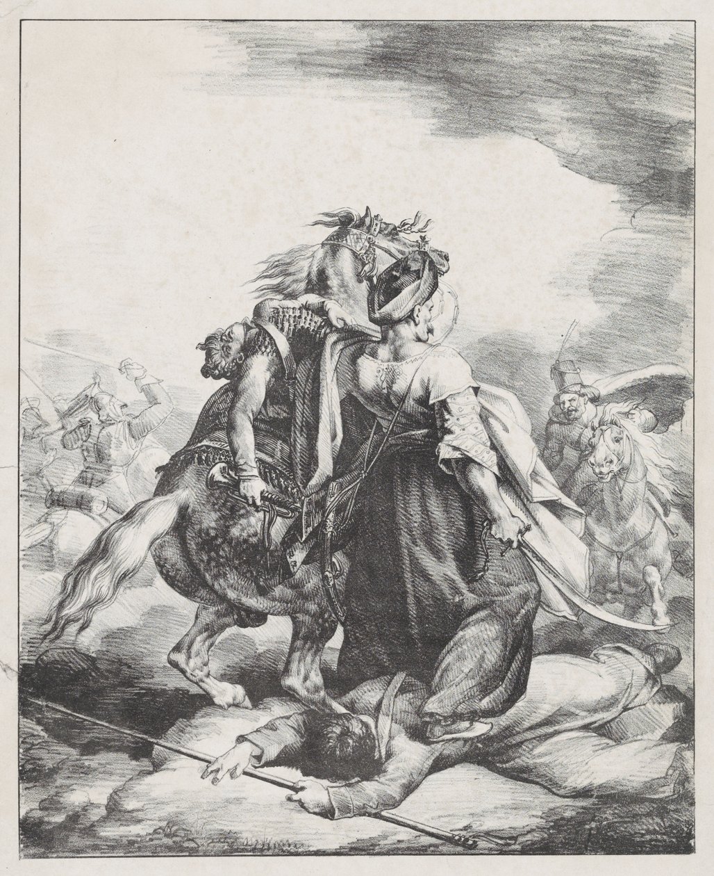 Mameluk de la garde impériale défendant un trompette blessé contre un Cosaque (An Egyptian Mameluk Defending a Wounded French Trumpeter at Waterloo) - Theodore Gericault