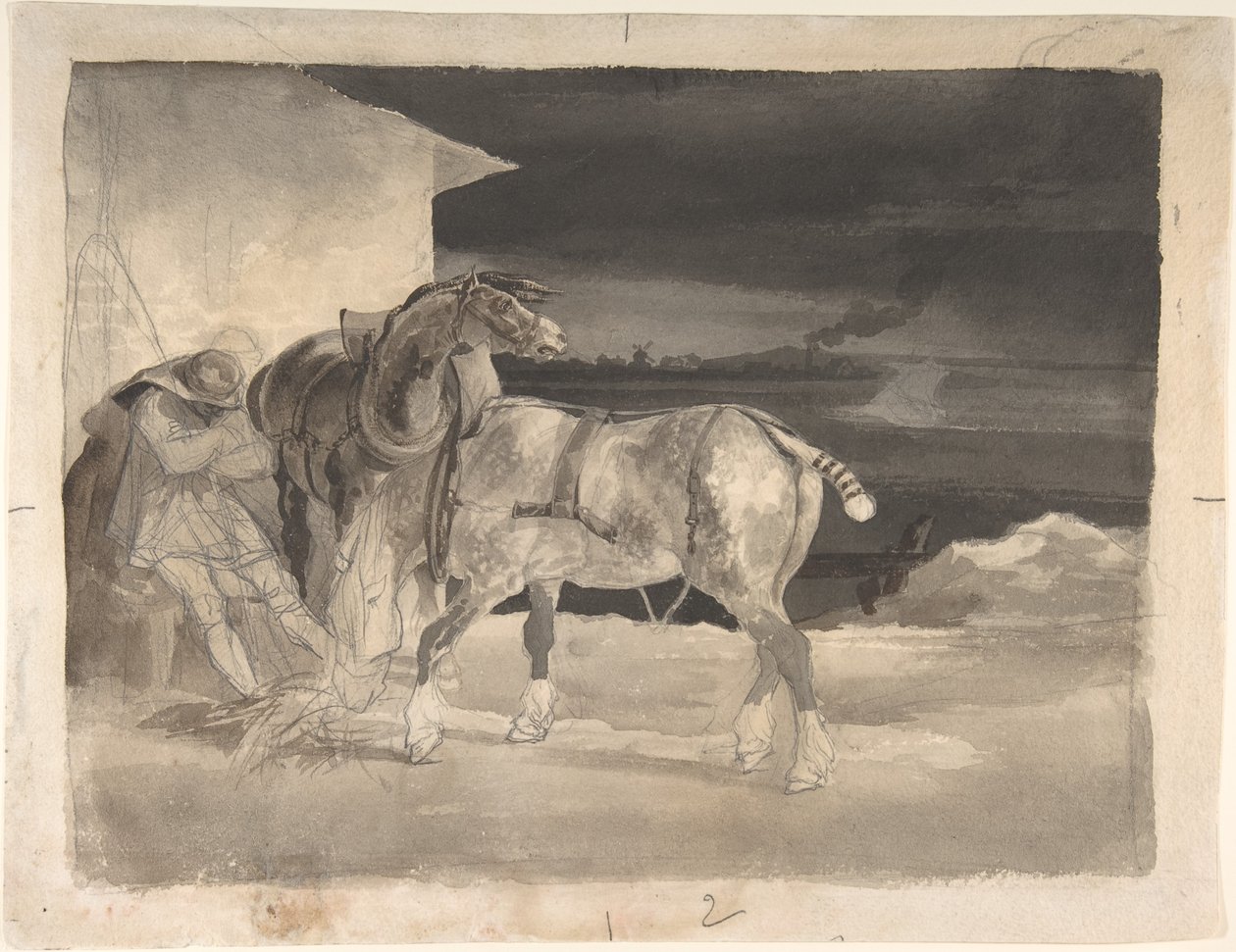 Deux chevaux de trait et un cocher endormi - Theodore Gericault