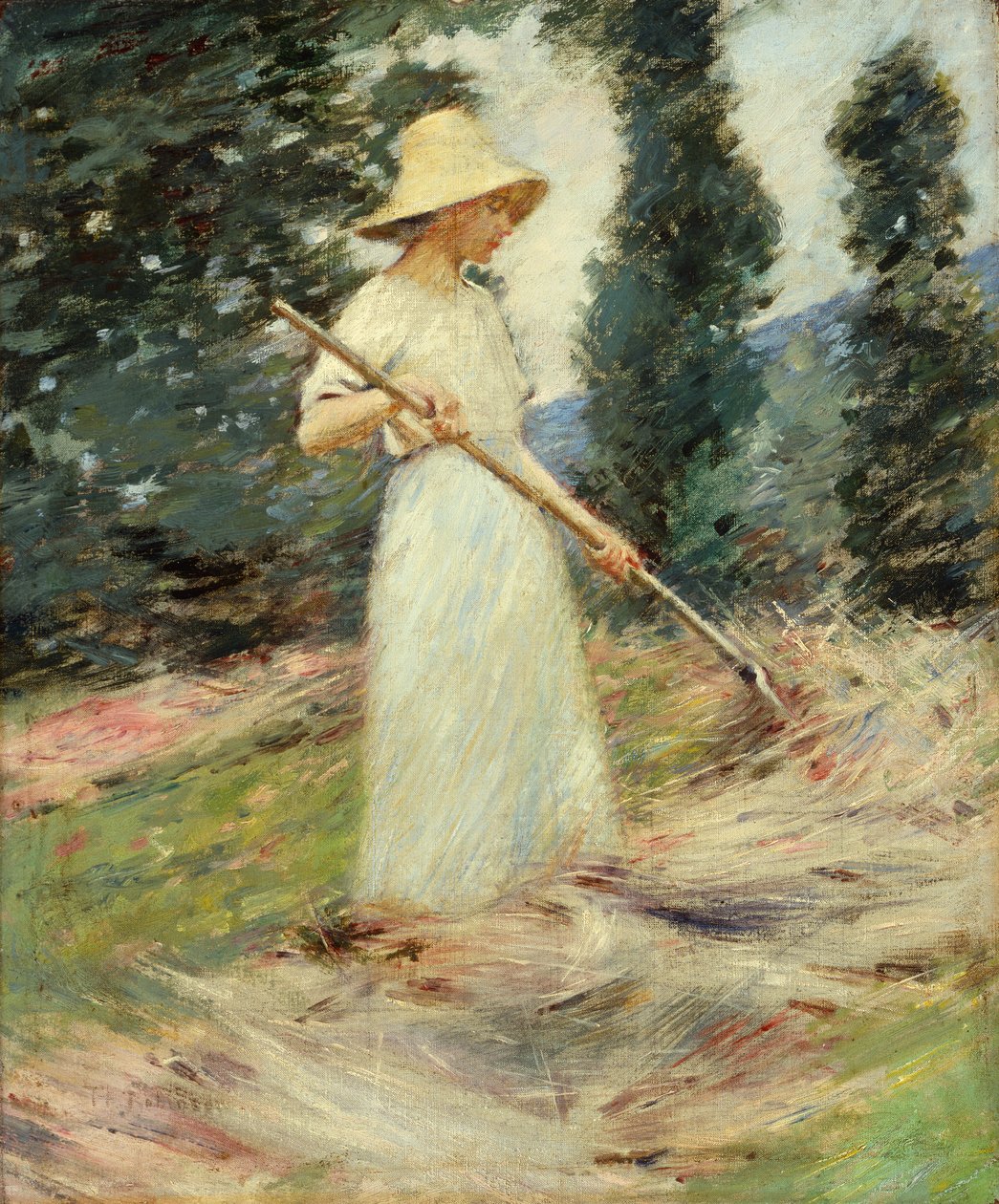 Fille fauchant le foin, vers 1890 (huile sur toile) - Theodore Robinson