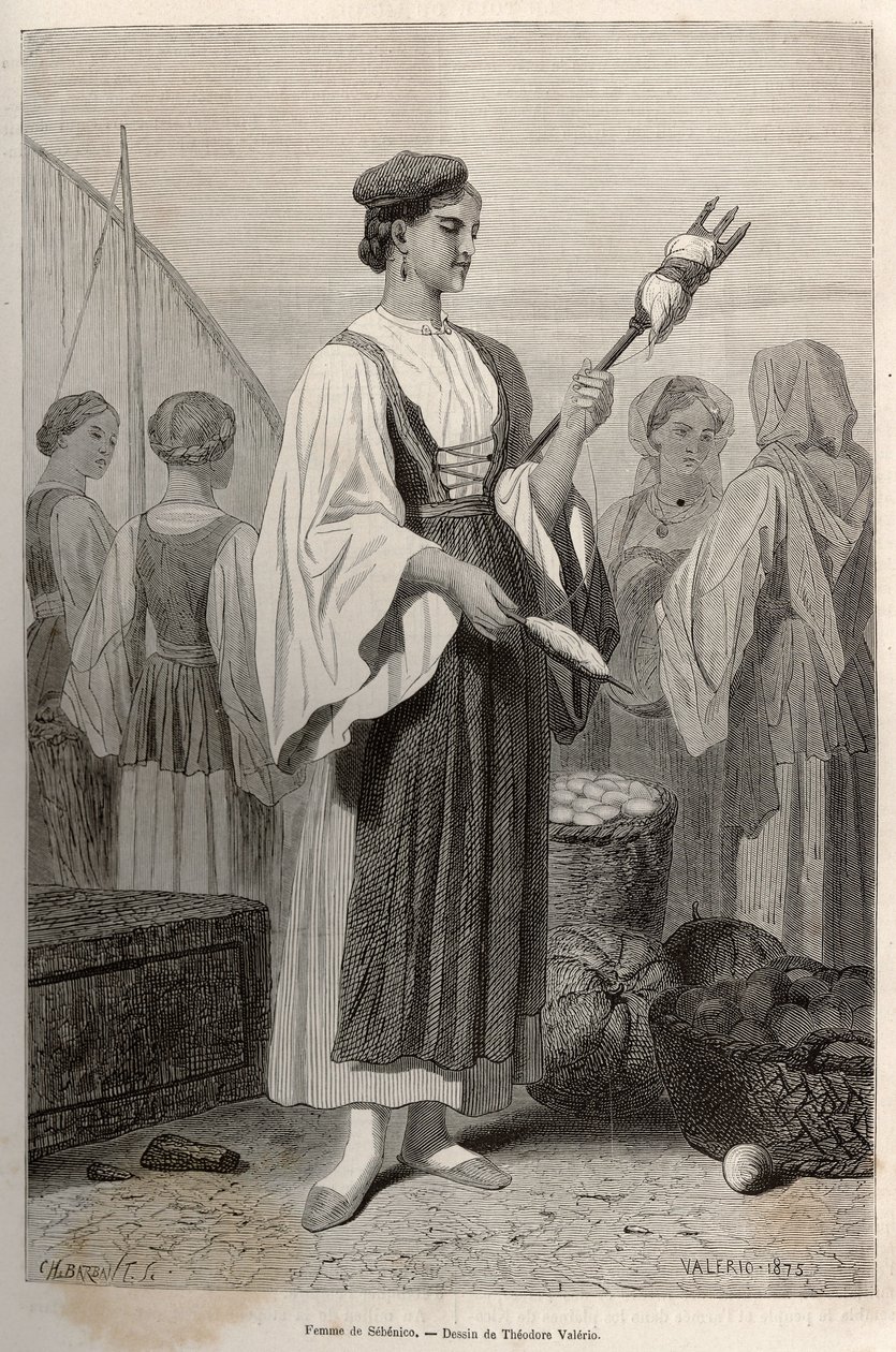 Femme de Sebenico (Serbie), utilisant des fuseaux pour filer la laine, sur la place du marché. Gravure d