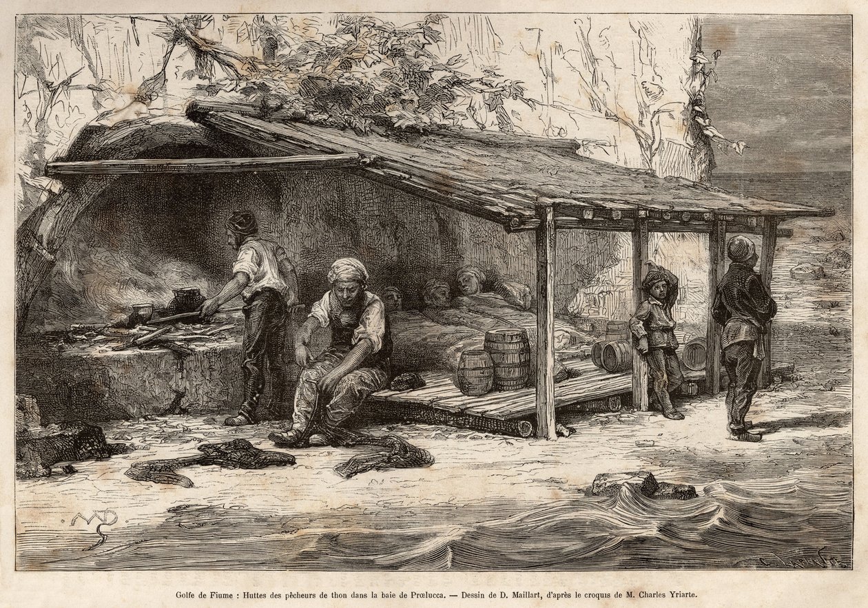 Un pavillon de pêche au thon dans la baie de Proelucca, golfe de Fiume (ou Rijeka, Istrie), trois des pêcheurs dorment encore, enveloppés dans des couvertures, un autre s