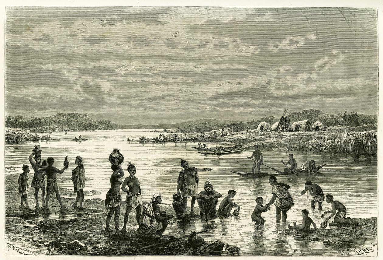 Vie sur les rives du fleuve Zambèze, les marutses sont très préoccupés par leur propreté et le lavage pour eux est une activité de première nécessité. Gravure de Th. Weber, pour illustrer l