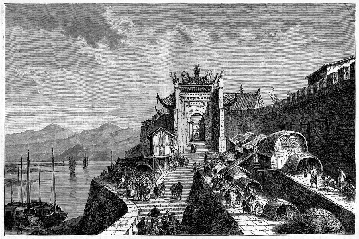 Vue de la porte de Shanghai sur le fleuve Huangpu, Chine dans les années 1870-1880. Gravure d