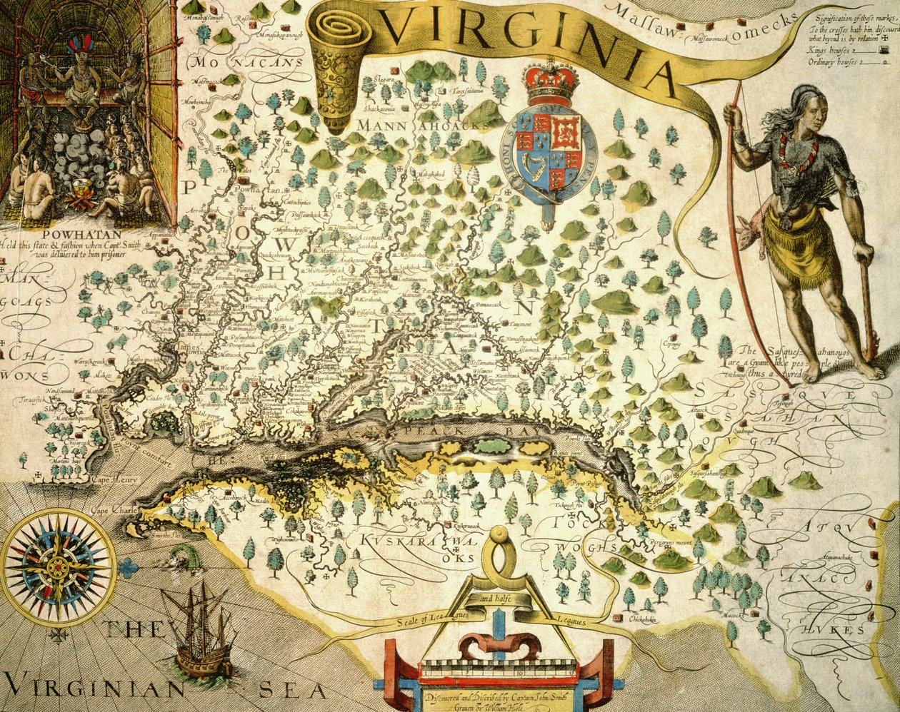 Carte de Virginie, montrant en haut à gauche une image du chef Powhatan par John Smith (1580-1631) 1624 - Theodore de (after) Bry