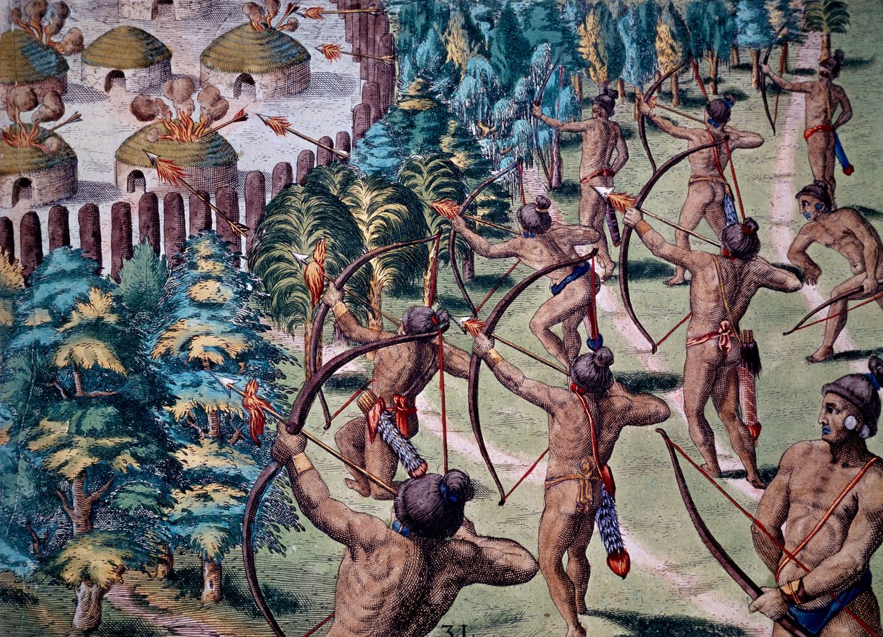 Attaque sur un village avec des flèches enflammées, gravure de la Narratio In Floridae - Theodore de Bry