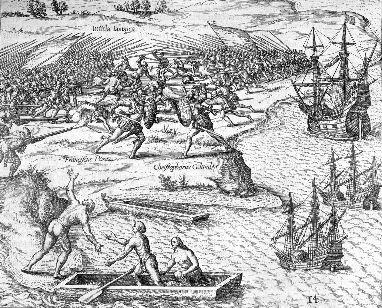 Bataille en Jamaïque entre Christophe Colomb et Francisco Poraz, 1504 1631 - Theodore de Bry