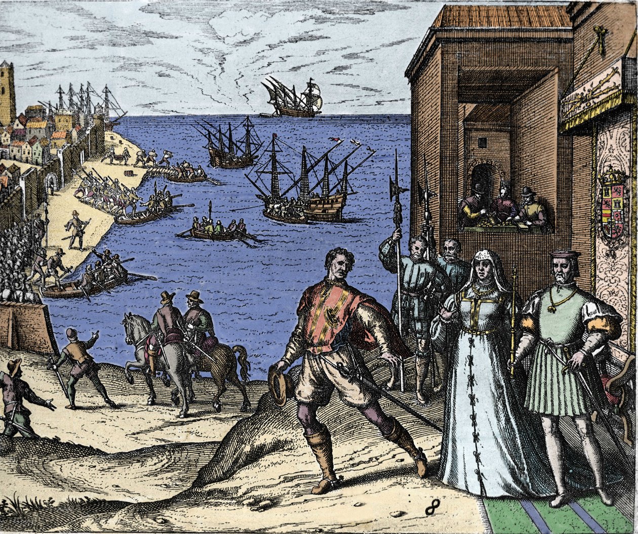 Christophe Colomb et les frères Pinzon quittant le port de Palos en Espagne le 03/08/1492 pour le Nouveau Monde. À droite, le roi et la reine catholiques du Portugal Ferdinand II d