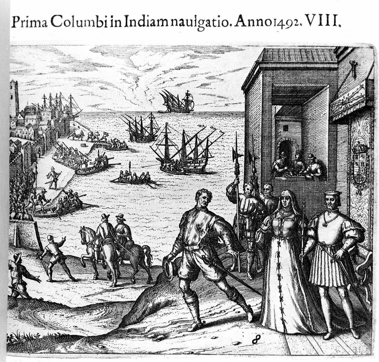Christophe Colomb et les frères Pinzon quittant le port de Palos en Espagne le 03/08/1492 pour le Nouveau Monde. À droite, le roi et la reine du Portugal, Ferdinand II d