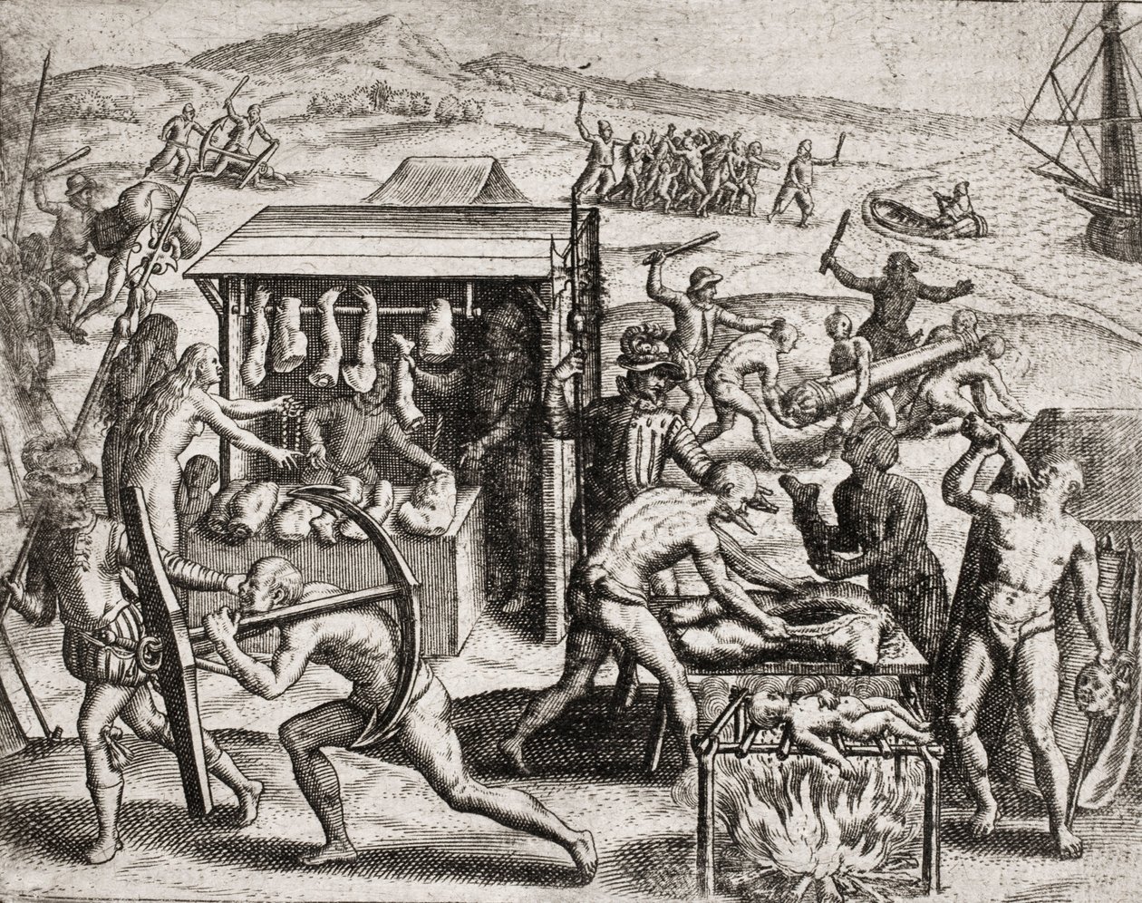 Description des crimes infligés aux Indiens par les colons espagnols - Les conquistadors espagnols faisant travailler les Indiens et les maltraitant - Indiens anthropophages - Gravure de Théodore de Bry dans "Narratio regionum indicarum per Hispanos quosda - Theodore de Bry