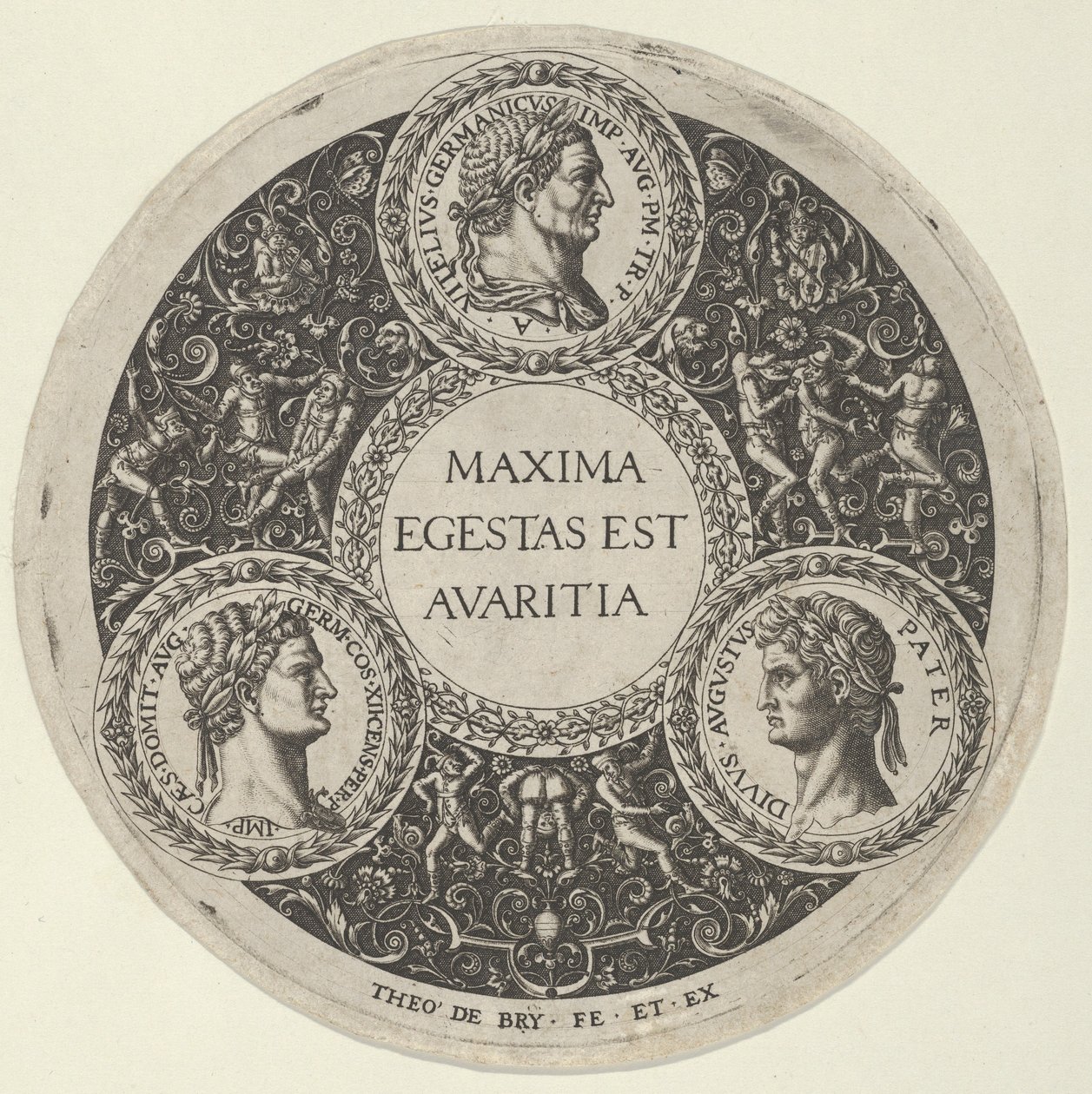 Conception pour un plat avec des portraits des empereurs romains Vitellius, Domitien et Auguste, vers 1588 - Theodore de Bry