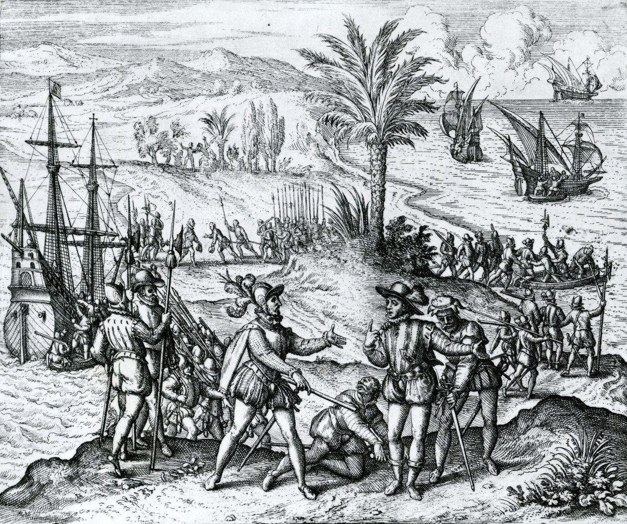 Francisco de Bobadilla arrivant comme gouverneur et arrêtant Christophe Colomb (1451-1506) à Hispaniola, 1500, 1590 - Theodore de Bry