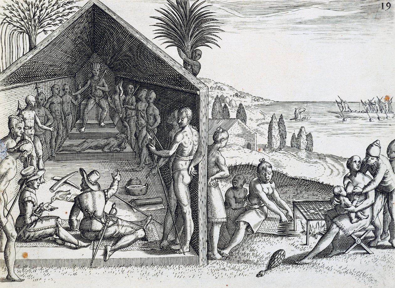 Roi recevant des visiteurs européens, Cap Lopez, Gabon, gravure de India orientalis par Theodor de Bry, Afrique - Theodore de Bry