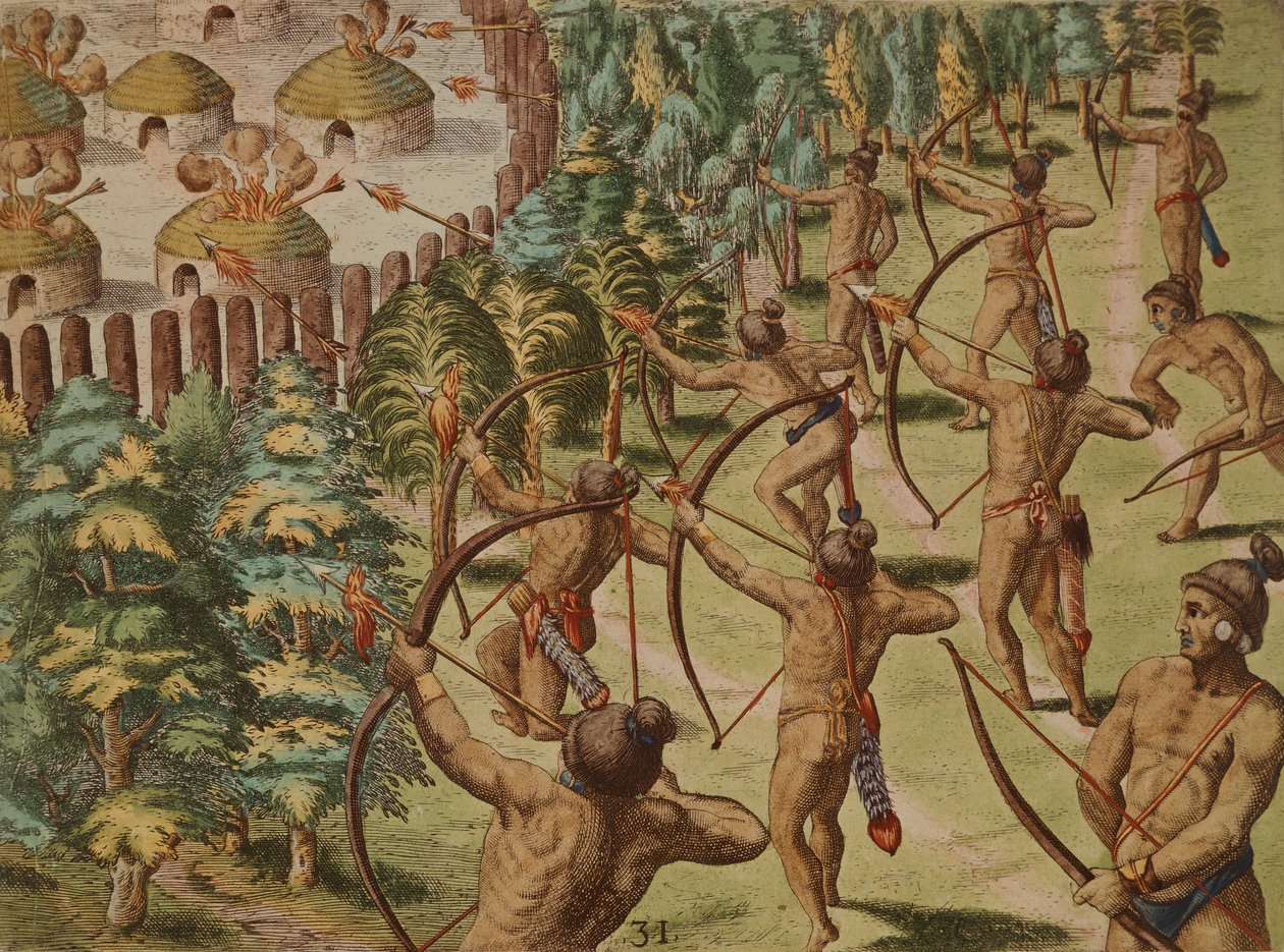 Attaque nocturne sur un village indien avec des flèches enflammées - Theodore de Bry