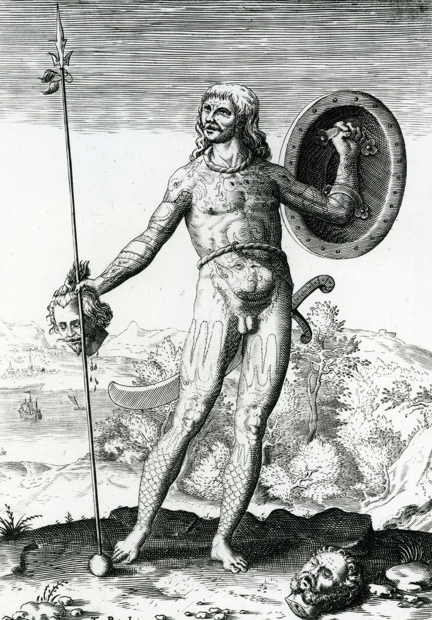Homme picte tenant une tête humaine - Theodore de Bry