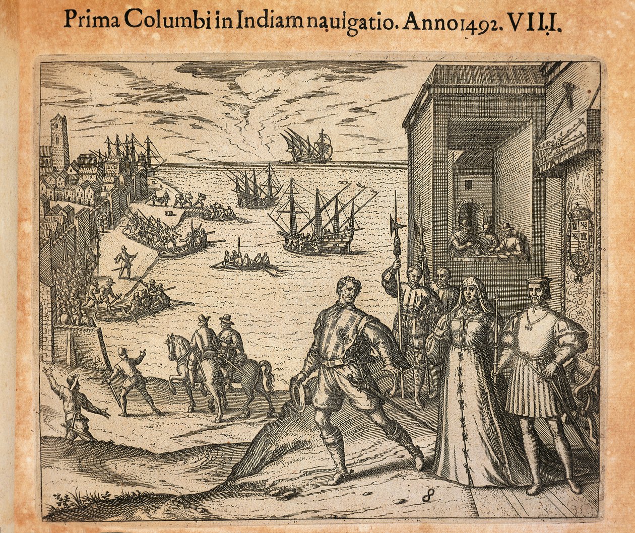 La reine Isabelle et le roi Ferdinand saluant le départ de Christophe Colomb à Palos, Espagne, gravure de Theodor de Bry - Theodore de Bry