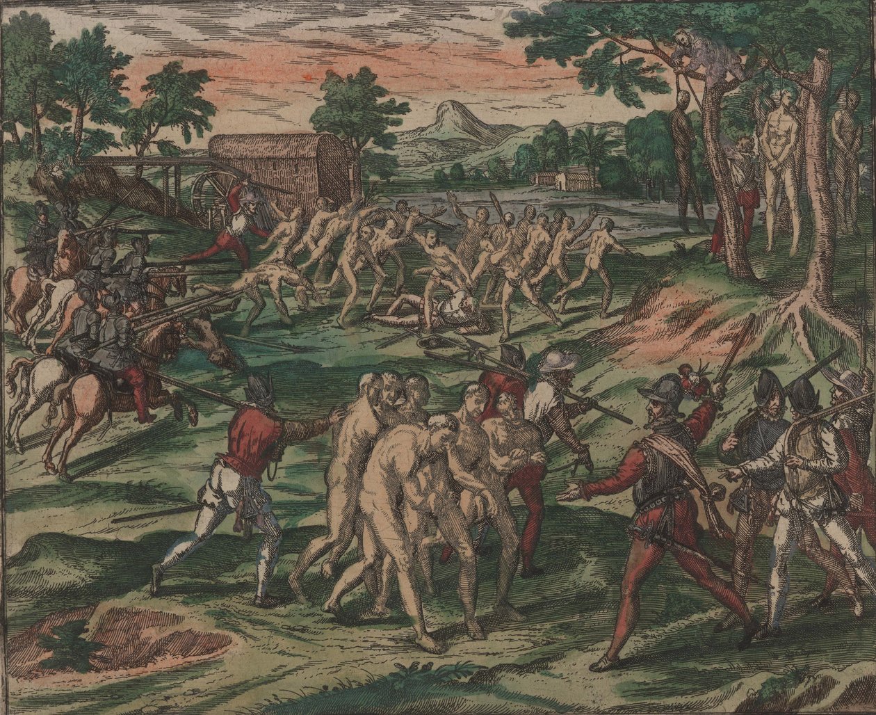 Les esclaves tentent de vaincre leurs propriétaires espagnols, mais sont capturés et pendus aux arbres, 1595 - Theodore de Bry
