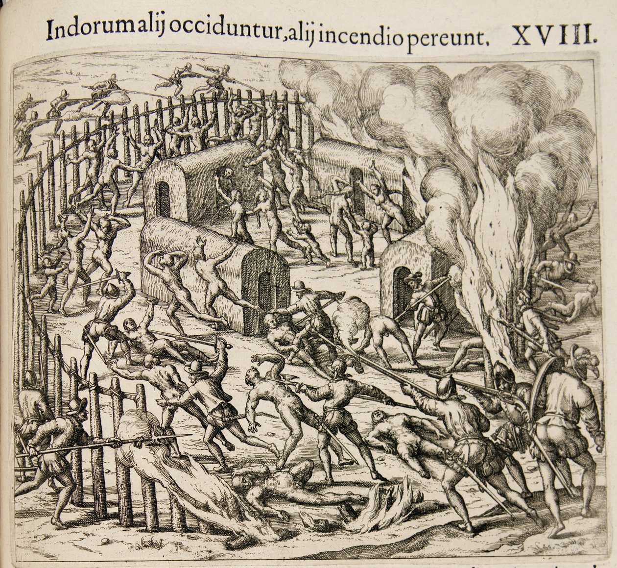Certains Indiens sont tués, certains périssent dans un incendie. De : Americae pars qvarta - Theodore de Bry
