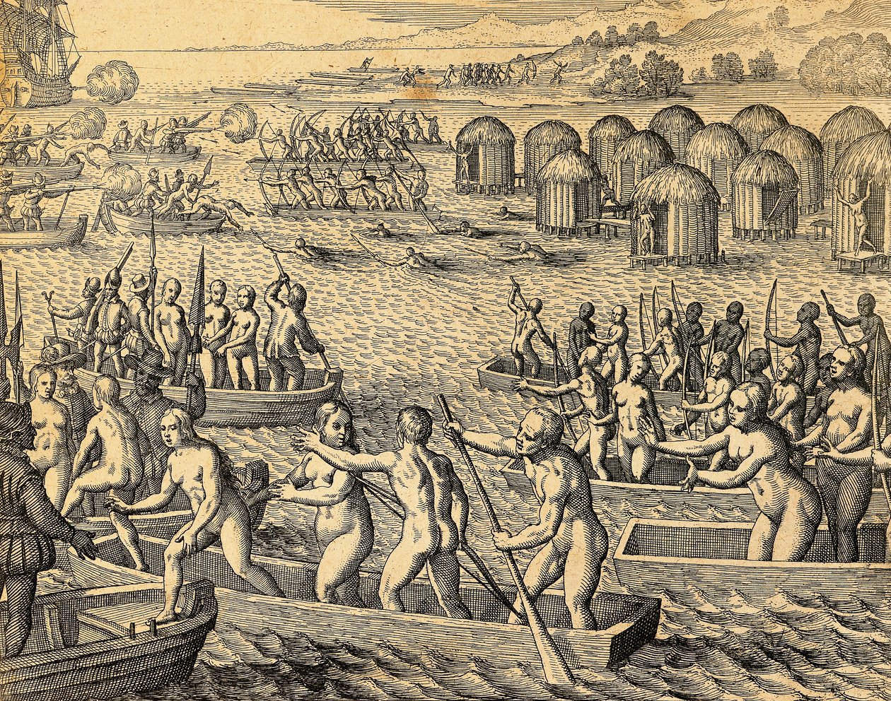 Indigènes sud-américains attaquant les navires des conquérants - Theodore de Bry