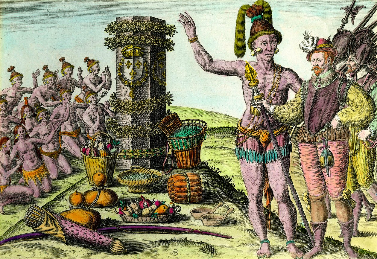 Les Floridiens sont venus à la colonne érigée par le navigateur français Jean Ribault (1520-1565) de la première expédition en Floride Gravure de l