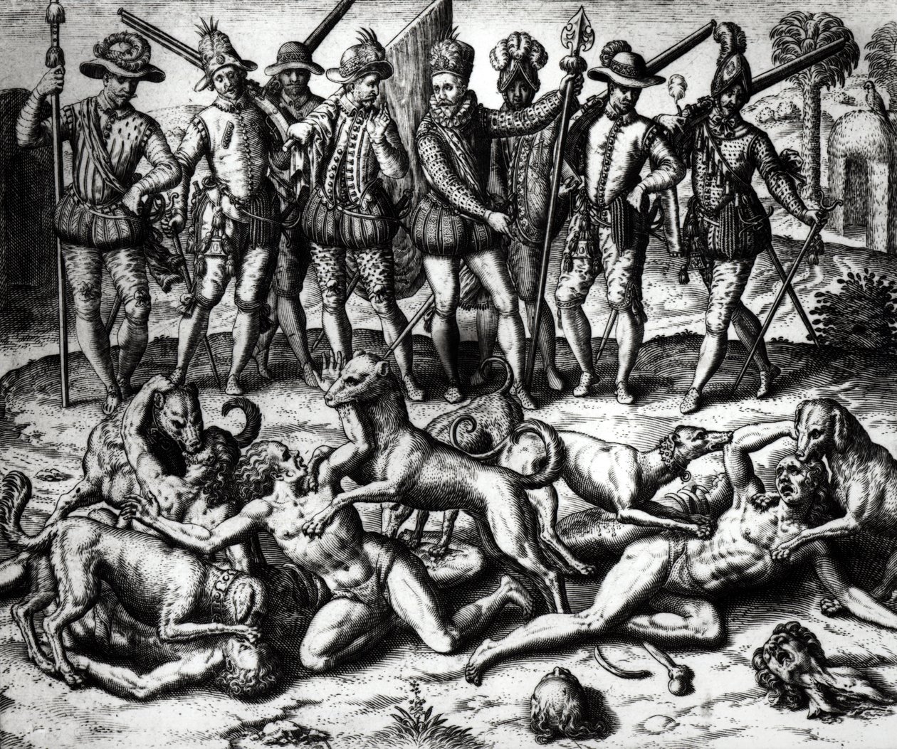 Les chiens de Vasco Núñez de Balboa attaquant les Indiens - Theodore de Bry