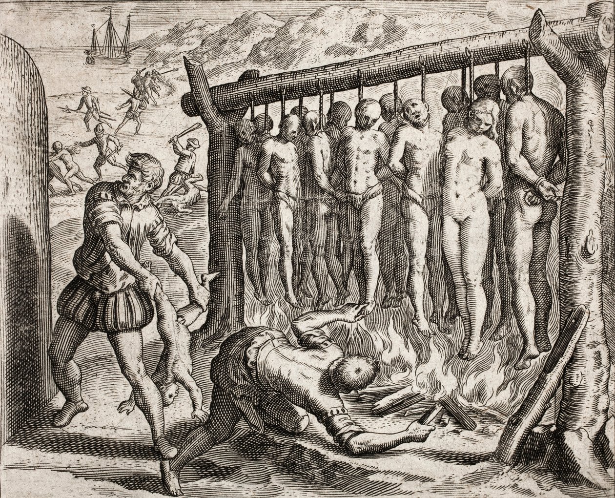 Treize victimes pendues et brûlées, représentation des crimes infligés aux Indiens par les colons espagnols dans "Narratio regionum indicarum per Hispanos quosdam devastatarum verissima" par Bartolomé de las Casas (gravure) - Theodore de Bry