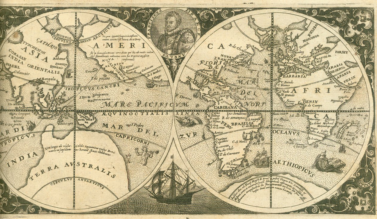 Page de titre de Americae Pars VIII avec un portrait de Francis Drake et son navire, le Golden Hind - Theodore de Bry