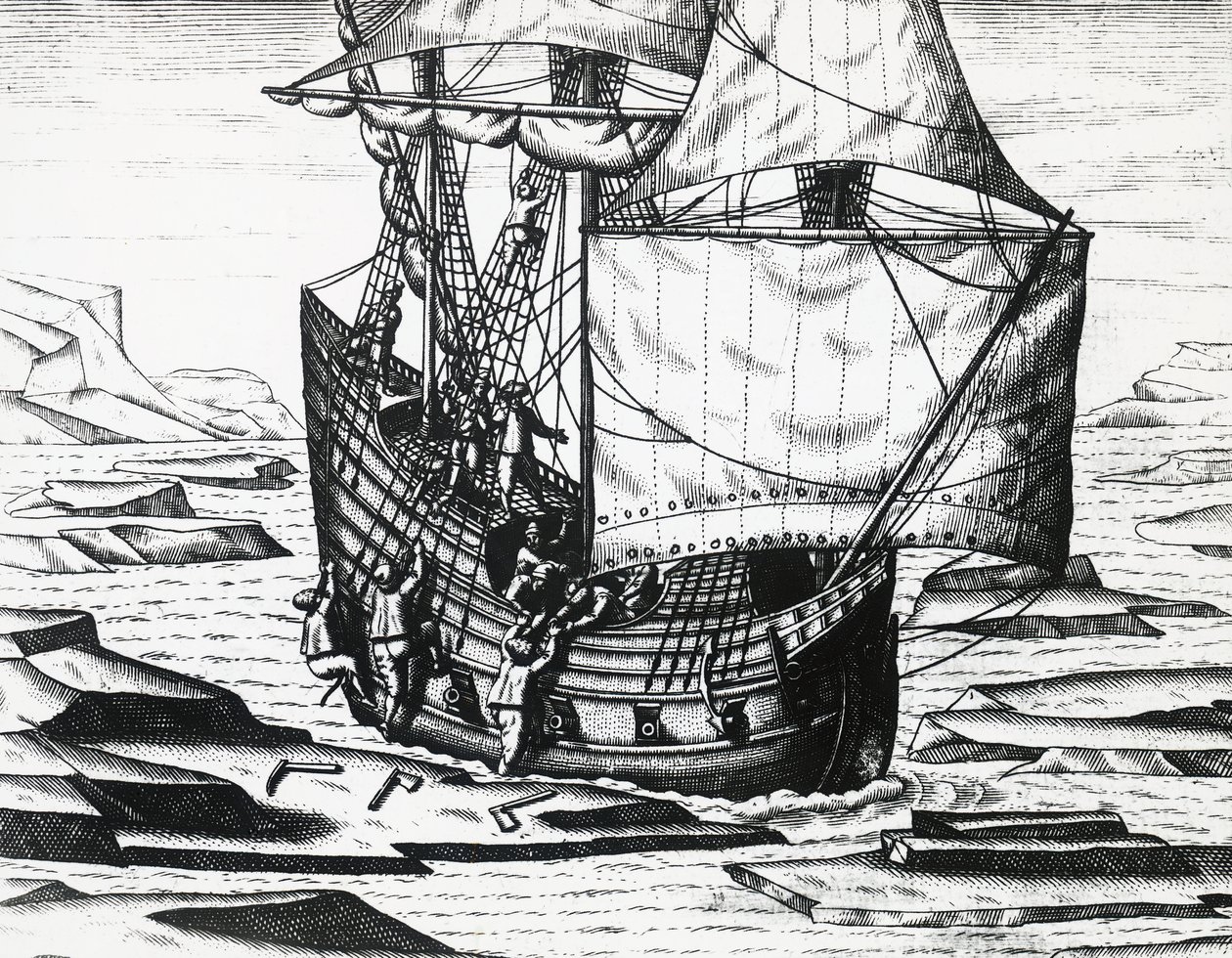 Navire de William Barents lors de la troisième expédition néerlandaise à la recherche du Passage du Nord-Est, par Theodor de Bry, gravure - Theodore de Bry