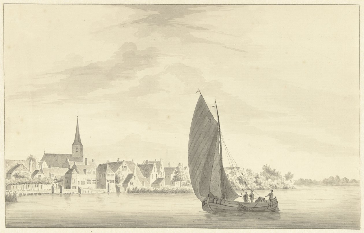Le village de Gouderak avec un bateau à voile au premier plan - Theodorus Cornelis Schutter
