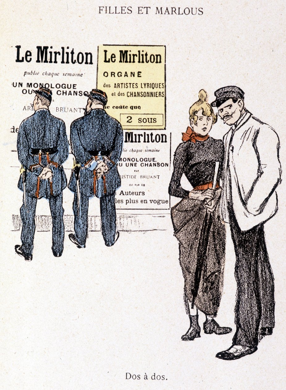 Fille et Marlou : un souteneur et une prostituée derrière deux policiers. Dans « En Vie » par Steinlen - Théophile Alexandre Steinlen
