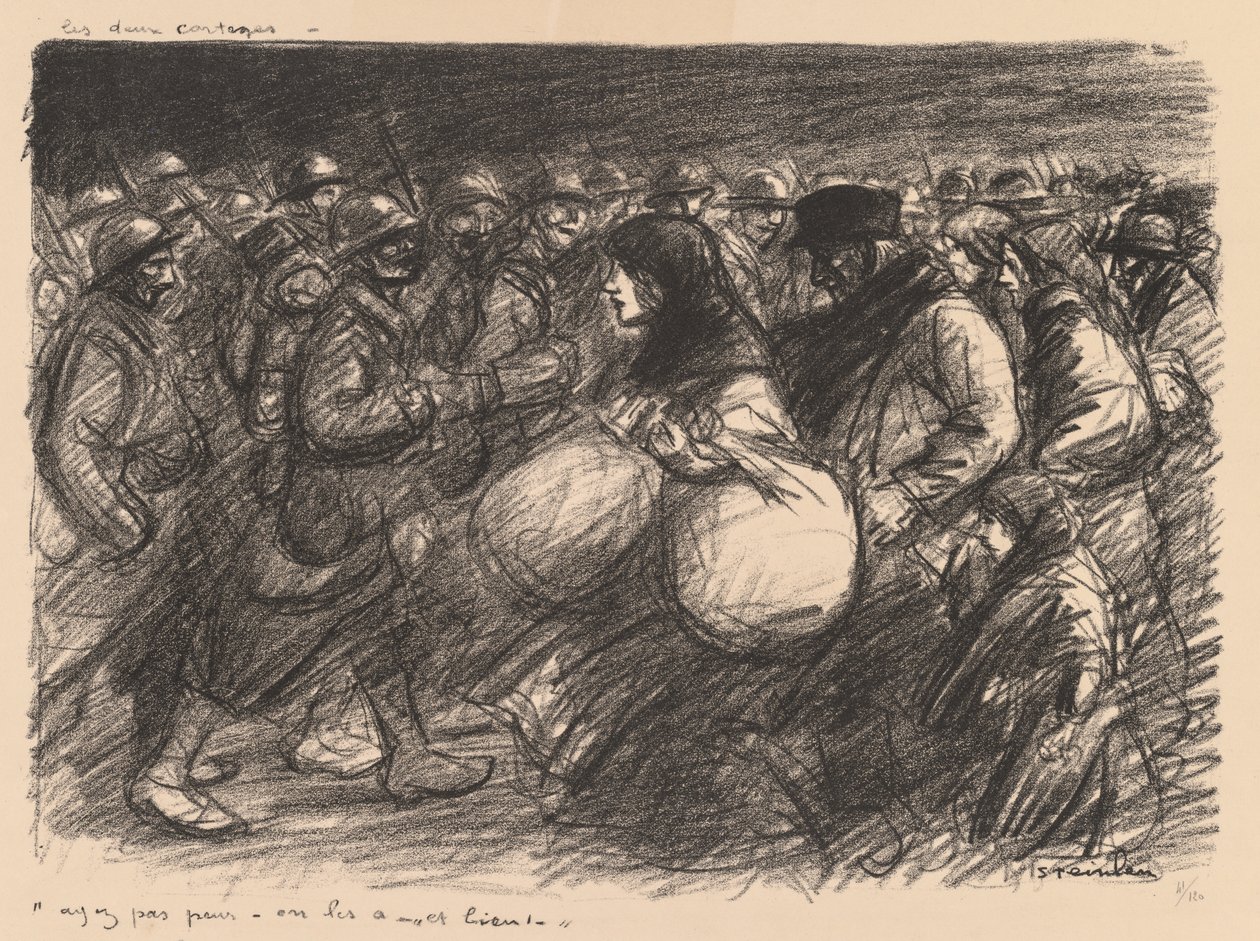 War Sketches: The Two Processions (Croquis de guerre: Les deux cortèges – “Ayez pas peur - on les a - et bien!”) - Théophile Alexandre Steinlen