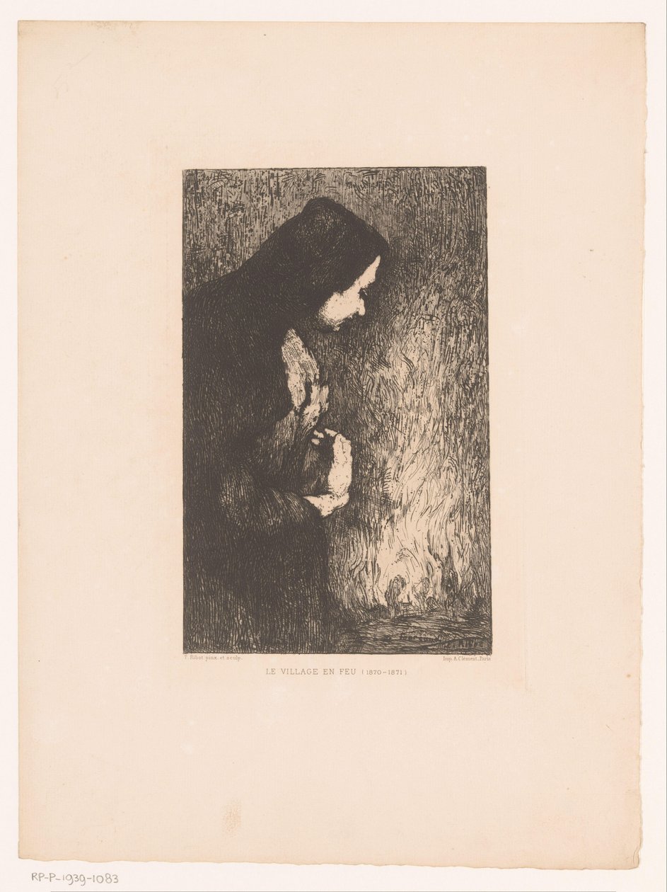 Femme debout regardant un village en feu - Théodule Augustin Ribot