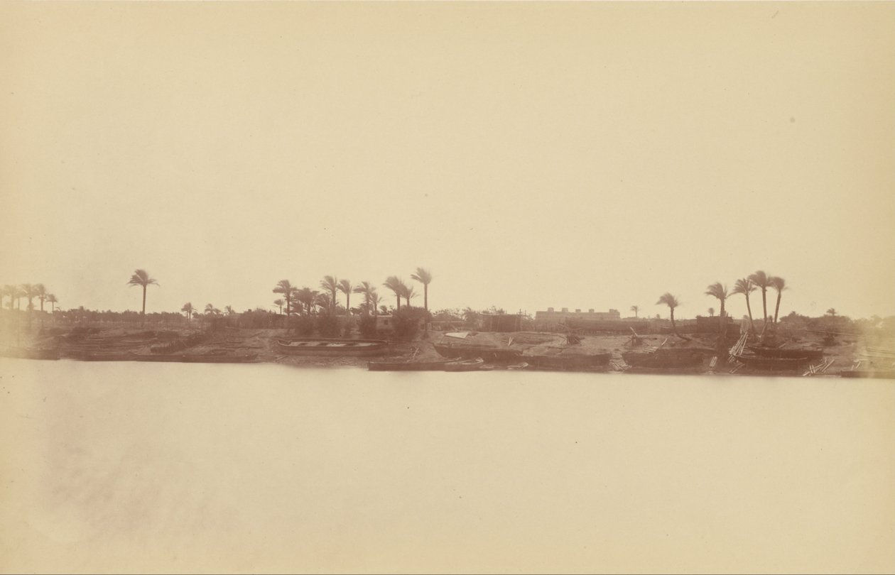 Rives du Nil avec palmiers et bateaux - Théodule Devéria