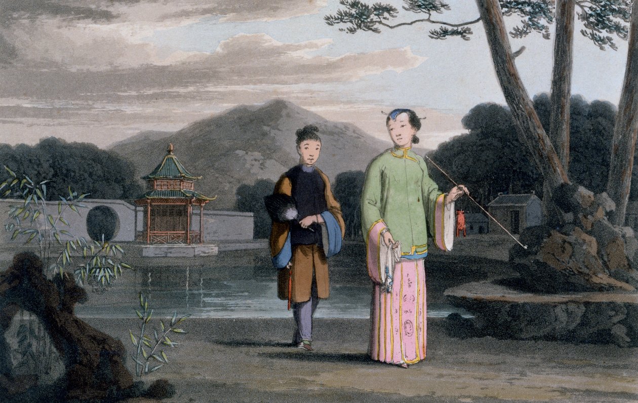 Dame chinoise avec pavillon en arrière-plan, de 