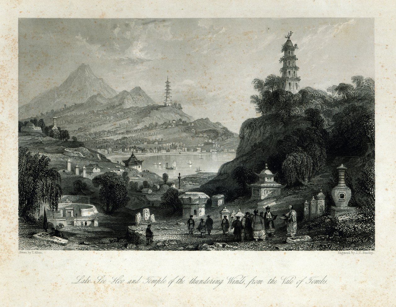 Lac See-Hoo et le Temple des Vents Tonnerreux, de la Vallée des Tombeaux, gravé par J.C. Bentley, 1843 - Thomas Allom