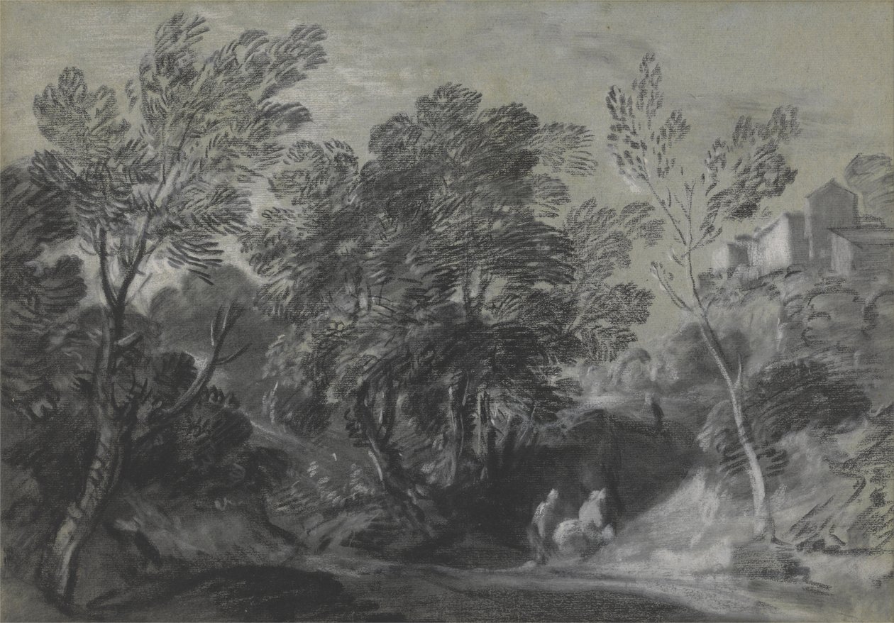 Paysage boisé avec figures et maisons sur la colline - Thomas Gainsborough