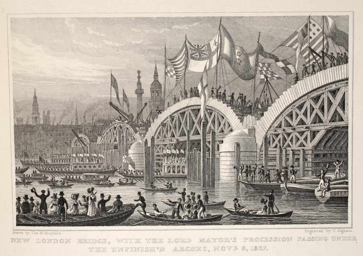 Nouveau pont de Londres, avec le cortège du Lord Maire passant sous les arches inachevées, 8-9 nov. 1827, de 