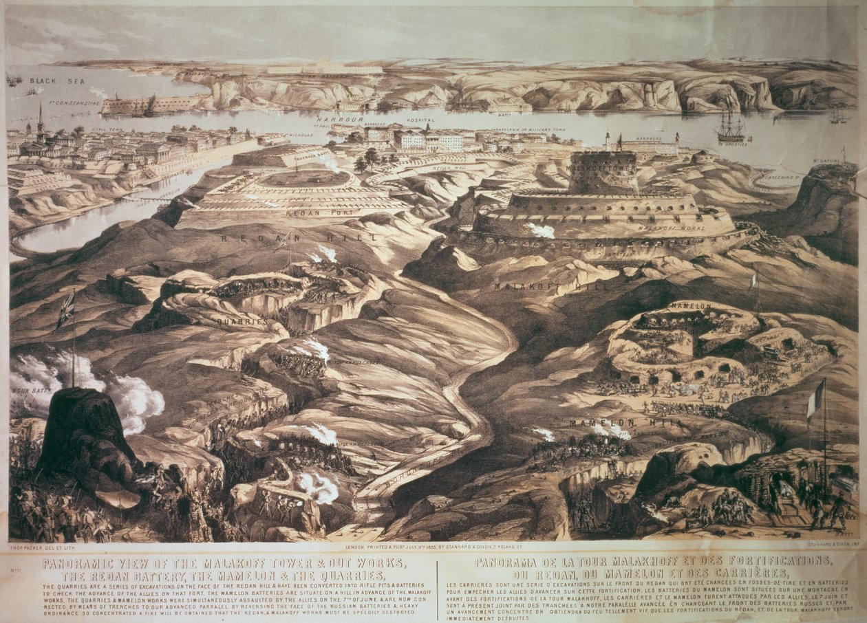 Vue panoramique de la tour Malakoff et des ouvrages extérieurs, de la batterie Redan, du Mamelon et des carrières, pub. 1855 par Stannard et Dixon - Thomas Packer