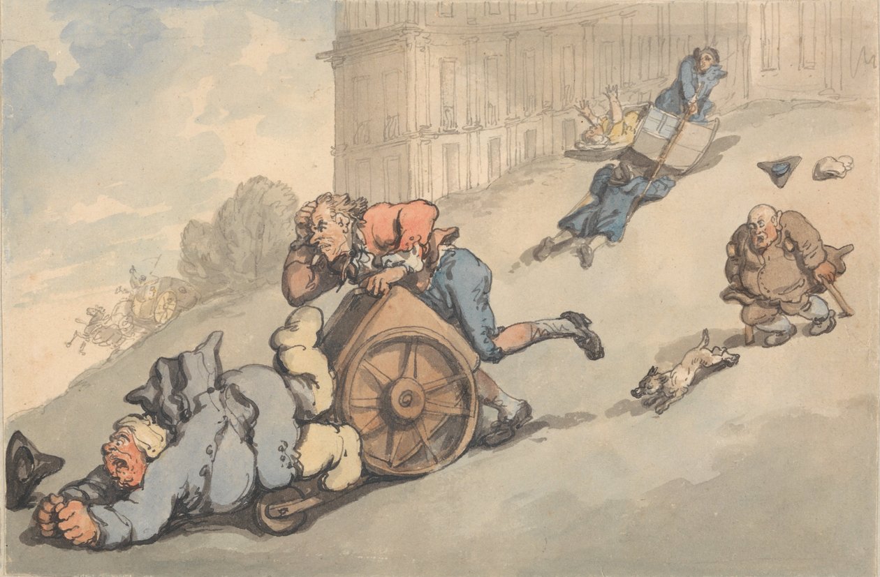 Les conforts de Bath : les personnes goutteuses tombent sur une colline raide - Thomas Rowlandson