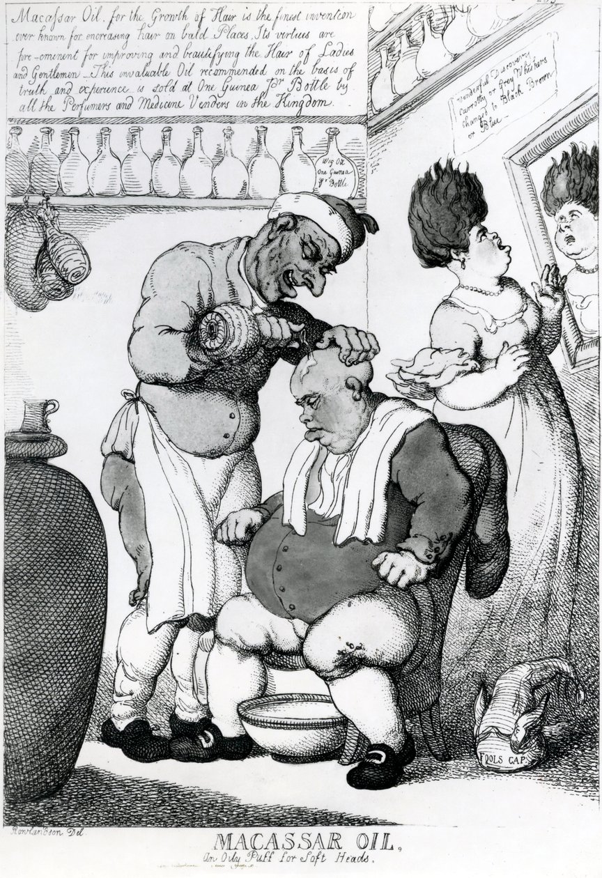 Massacar Oil, une huile grasse pour têtes molles, 1814 - Thomas Rowlandson