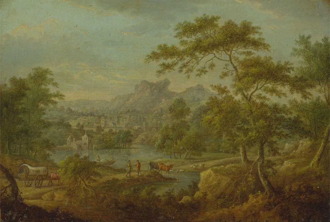 Paysage imaginaire avec un chariot et une vue lointaine d