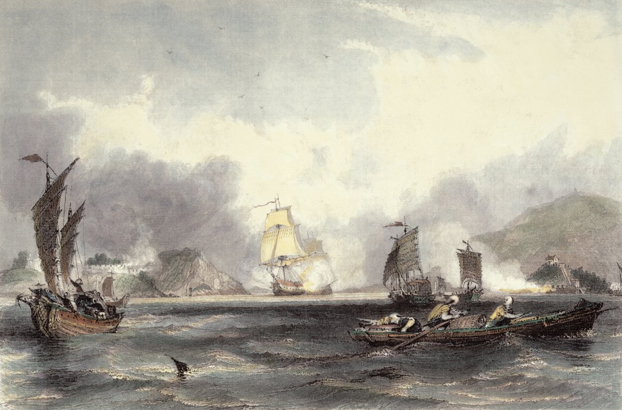 Les navires HM Imogene et Andromache passant les batteries de la Bocca-Tigris, c.1850 - Thomas Allom