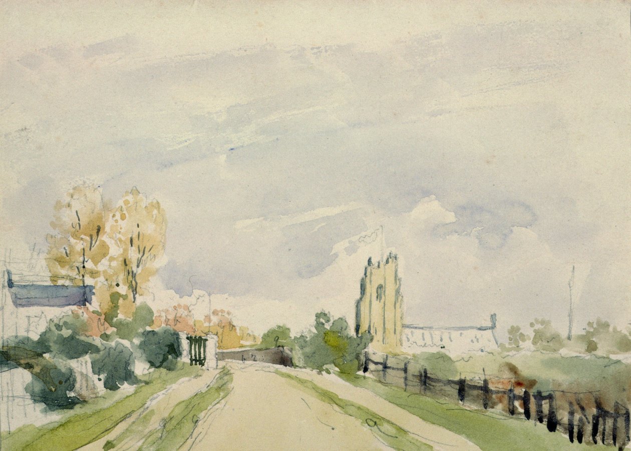 Paysage du Suffolk, une large route avec une petite maison, une église et des arbres - Thomas Churchyard