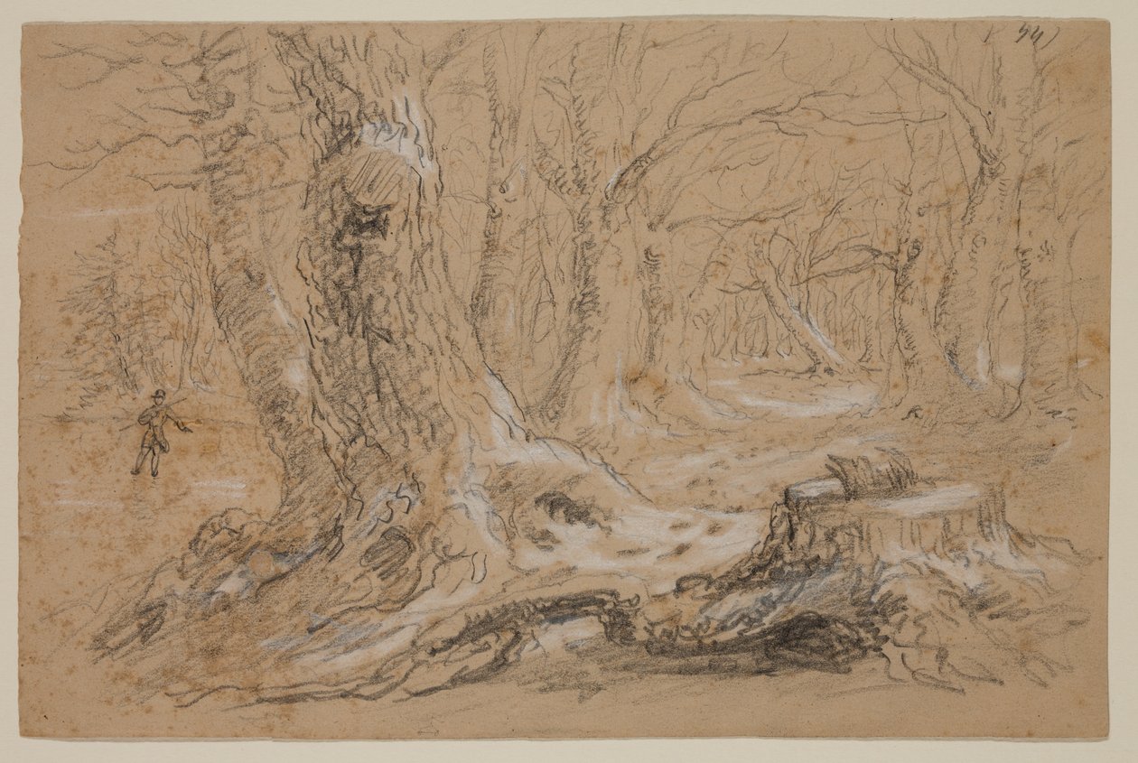Arbres en hiver avec un homme debout sur un ruisseau gelé - Thomas Cole