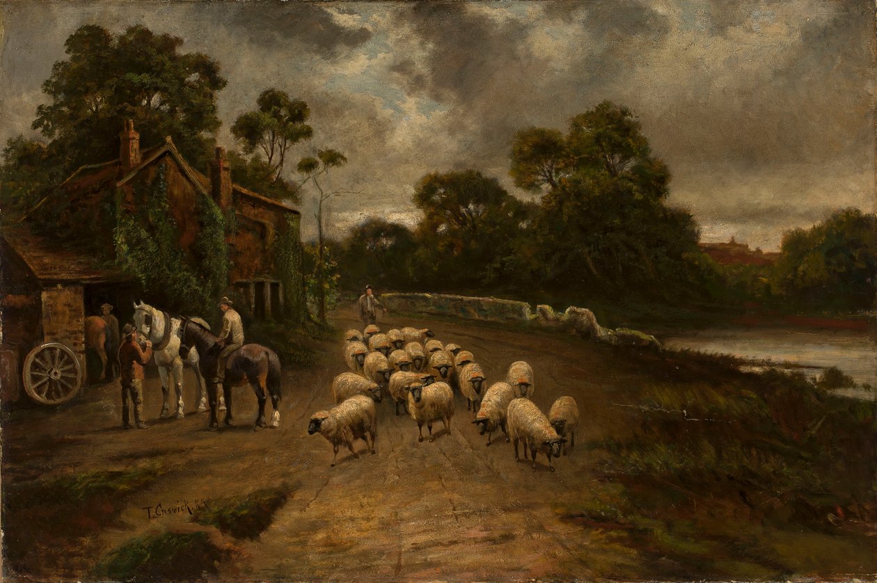 Scène de genre avec un troupeau de moutons - Thomas Creswick