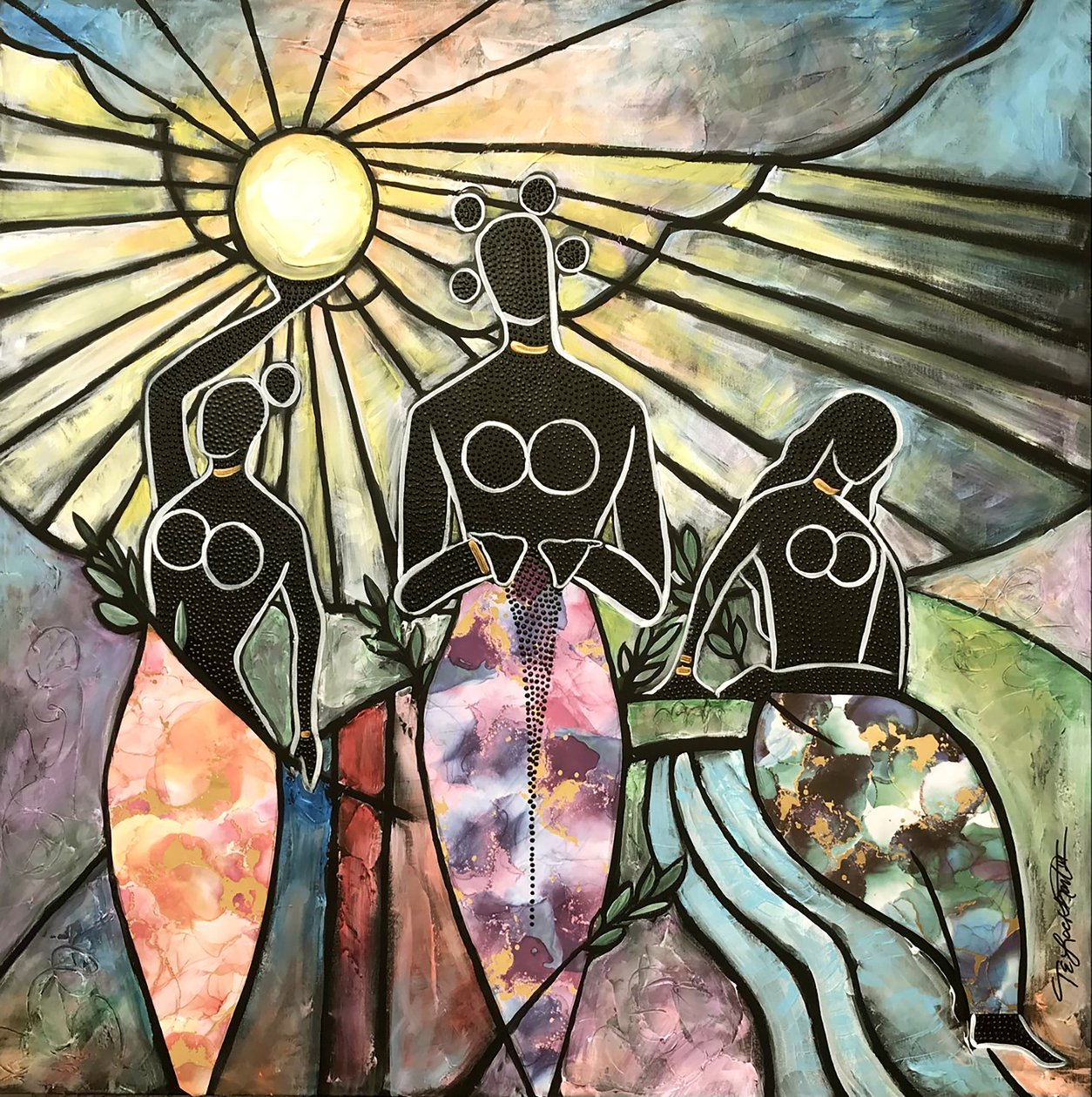 Soleil Terre Eau, Femmes de pouvoir et de force, 2021 (technique mixte sur toile) - Thomas Elias Lockhart