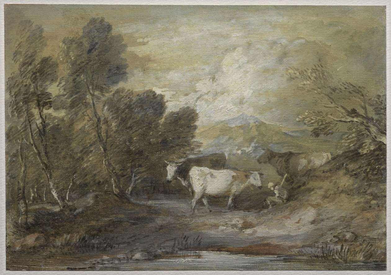 Un berger avec trois vaches près d