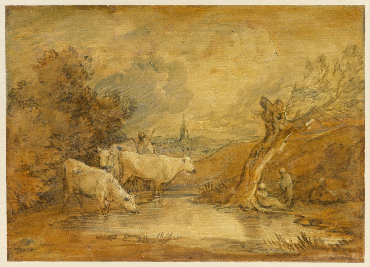 Landschaft mit Figuren, Hirte und Vieh an einem Teich, und ferne Kirche - Thomas Gainsborough